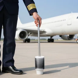 « Airline pilot holding a toilet brush vertically on an airport tarmac with a plane in the background »