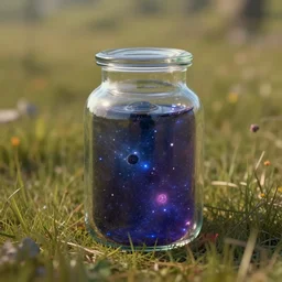 a celestial potion inside a glass jar sitting in a field , realistic, Fantasy, objects highly detailed, unreal engine 5, trending on artstation