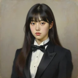 portrait of a beautiful korean girl with long hair and bangs wearing a men's tuxedo, angular features, oil on canvas, elegant pose, masterpiece, Jonathan Yeo painting