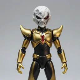 Photo of an Evil moon-face action figure, japanese action figure, head looks like a moon, horror, gold and black color scheme