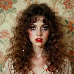 a beautiful but sinister girl in layers of fear, with haunted eyes and curly hair, 1 9 7 0 s, seventies, floral wallpaper, delicate embellishments, a little blood, crimson, painterly, offset printing technique, by james c christensen