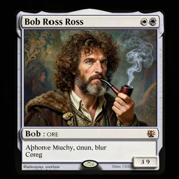 an ultra detailed magic the gathering card of bob ross smoking a pipe and dressed as a fantasy bard, d & d, epic fantasy, concept art by alphonse mucha and greg rutkowski, octane render, 8 k, detailed face