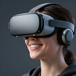 realistic photo of a beautiful smiling person wearing a modern virtual reality headset, hypermaximalistic, high details, cinematic, 8 k resolution, beautiful detailed, insanely intricate details, artstation trending, octane render, unreal engine