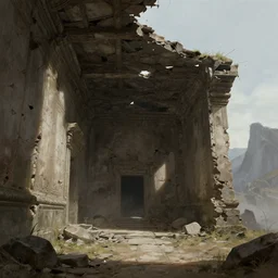 ancient ruined temple, parts of the wall and ceiling broken down, mountain visible in the background, depth of view, wide perspective by greg rutkowski and james gurney, gritty fantasy art