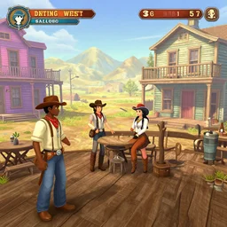 screenshot of gameplay dating simulator game set in 1 8 5 7, interior of old west saloon, featuring african american and japanese cowboys and cowgirls in ghost town with buildings painted bright pastel colors, morning light with mountains in the background