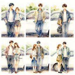 3 x 3 array images of watercolor people leaning against a car