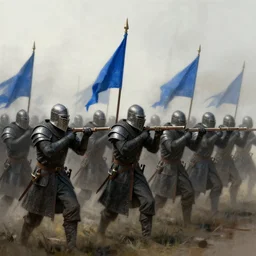 realistic, few medieval soldiers, in line, ready fo battle, blue flagg, mist, up facing, epic, digital art, illustration, fantasy, realistic sketch, dark