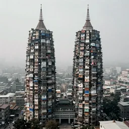 two giant towers, made up of makeshift squatter shacks, misty, dystopia, mamiya rb 6 7, fully frontal view, very detailed, birds eye view, photographed by ansel adams