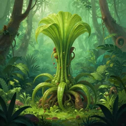 a marc simonetti sci-fi  illustration of a carnivorous plant in a lush tropical forest