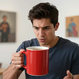portrait of a ( ( ( red oversizeceramic mug of coffee ) ) ), an aroused young handsome latino man looking into the mug, 3 d photorealistic, parts by beksinski, parts by yue minjun, by filip hodas