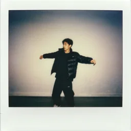 old polaroid of a dancing guy wearing a black puffer jacket