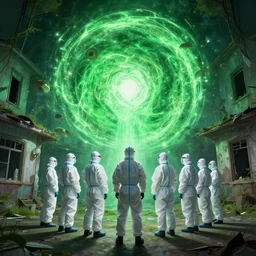 wide - shot photo of a group of scientists in hazmat suits in front of an eldritch brilliant green dimensional portal inside an abandoned house by shaun tan, dimensional portal to another world!!!!!, codachrome, 8 k, hd, highly detailed,