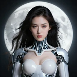 perfectly centered portrait front view of a beautiful biomechanical moon goddess, flowing hair, intense stare, sweet sarcastic smile, symmetrical, concept art, intricate detail, volumetric shadows and lighting, realistic oil painting by van gogh, gustave dore,