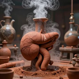 an alchemical laboratory of vapour voices made from ceramic alembics, air flow, clay, no humans, alchemy, steam, larynx, oesophagus texture, clay pipes, 8 k, unreal, high resolution, vivid rusty colours,