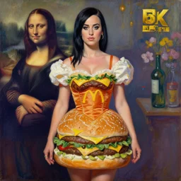 katy perry in burger dress. masterpiece oil painting, leonardo da vinci, rembrandt, colors of monet, octane render, 4 k