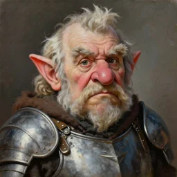 paul bonner oil painting portrait of david letterman as a war weary and tired looking elderly dwarf warrior, bushy eyebrows, huge pink nose, hairy ears, in armor, 4 k, artstation