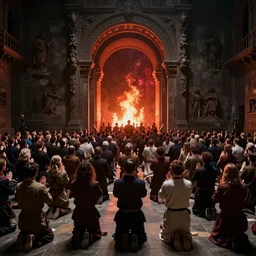a crowd of worshipers praying to a portal to hell, by Antoine Collignon, luminous lighting, cinematic, panoramic, aspect ratio 1:3