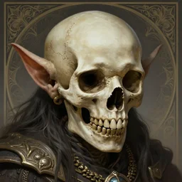 a mind - blowing portrait of a goblin chieftain wearing a human skull, deep focus, d & d, fantasy, intricate, elegant, highly detailed, digital painting, artstation, concept art, matte, sharp, illustration, hearthstone, art by artgerm and greg rutkowski and alphonse mucha