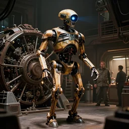 film still from star wars, giant assassin droid working in a dimly lit industrial junk engine room. interior set design photograph by ralph mcquarrie, gilbert taylor