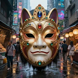 hyper realistic Princess Mononoke, ornate mask, wet market street, cyberpunk metropolis, city landscape, jewels, style of tom bagshaw, mucha, james gurney, norman rockwell, denoised, sharp