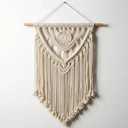 sleek macrame wall hanging, professional product shot, isolated on a pure white background, centered, entire object in frame, sharp focus, soft studio lighting