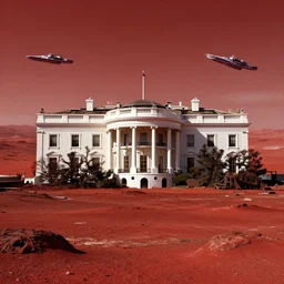 The White House Abandoned on the surface of mars in a desolate crimson landscape with battleships flying overhead