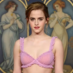 emma watson wearing pink and purple chiffon underwear with flounces. beautiful detailed face. by artgerm and greg rutkowski and alphonse mucha