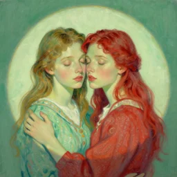 portrait of two beautiful girls, hugging, eyes closed, pastel shades of green and red, beautiful face, rule of thirds, intricate outfit, spotlight, by greg rutkowski, by jeremy mann, by francoise nielly, by van gogh, digital painting