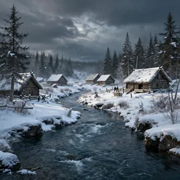 a viking village beside a river stream in the canadian wilderness in winter,  dramatic lighting, asssassins creed valhalla, artstation, cinematic, establishing shot, extremely high detail, photo realistic, cinematic lighting, post processed, concept art, artstation, matte painting, style by eddie mendoza, raphael lacoste, alex ross