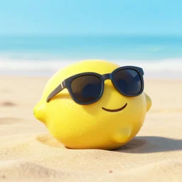 a clean 3d render, octane render, pixar still of a smiling lemon with sunglasses laying on the beach, happy, chill vibe