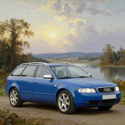 Denim Blue Audi A4 B6 Avant (2002), Hell and Heaven landscape painting in the style of 19th century Hudson River School art