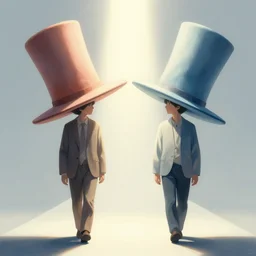 two humans wearing huge, big giant hats, choosing to walk in the path of love and light by adrian ghenie and takato yamamoto and edward hopper and mark ryden and tsutomu nihei, part by bridget riley, acrylic pour and splashing paint, very coherent, baroque elements, perfect anatomy, intricate design. pop art.