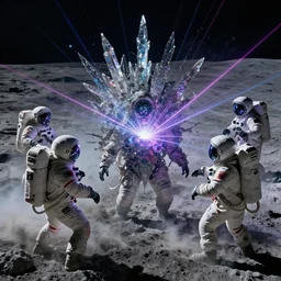 lunar astronauts performing satanic ritual, photorealistic, technical, royo, frazetta, giger, leds, dust, laser light, crystalline shimmers, chaos, complexity, emergence,