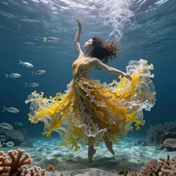 woman dancing underwater wearing a long flowing dress made of many translucent layers of gold and silver lace seaweed, bolts of bright yellow fish, delicate coral sea bottom, swirling silver fish, swirling smoke shapes, octane render, caustics lighting from above, cinematic, hyperdetailed