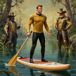 ! dream star trek tng mr. worf paddleboarding in swamp by highway man painting, photorealistic, high resolution, vray, hdr, hyper detailed, insane details, intricate, elite, ornate, elegant, luxury, dramatic lighting, octane render, weta digital, micro details, 3 d sculpture