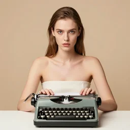 extremely detailed studio portrait of a fashion model typing on a typewriter. surreal photograph, lo - fi, polished look, solid background, silly and serious, hermes ad, fashion photography, toiletpaper magazine by pierpaolo ferrari and maurizio cattelan, 3 5 mm photograph, colourful, david lachapelle, canon eos c 3 0 0, 8 k, medium - format - print