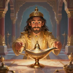 genie coming out of his lamp in the middle of a palace . by AquaSixio, hyperrealistic illustration, digital art, 4k, very detailed faces