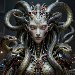 Medusa, mechanical snakes of different sizes, detailed face,  very detailed, dramatic lighting, electrical details, high details, 4k, 8k, trending on artstation, by Greg Rutkowski, Wayne Barlowe, Hajime Sorayama and Boris Vallejo