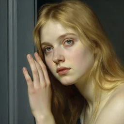 girl in thought by auguste toulmouche and bouguereau, clear face, perfect detailed eyes, beautiful hands, pale skin, blonde hair, leaning on door