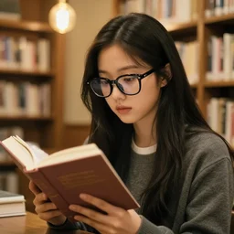 nayeon wearing thick glasses and reading a book in a cozy library, 3 5 mm, f / 2. 8, incandescent lighting