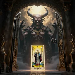 The gate of hell in heaven, dramatic lighting, 8K HDR, octane render, unreal engine 5, tarot card, fantasy, concept art, digital art, trending on DeviantArt, trending on Artstation, high quality, highly detailed, high color contrast, path tracing