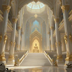 Fantasy Asian inspired royal palace foyer with infinitely high ceilings, infinitely long corridors, wide grand staircase, Buddhist imagery, bejeweled, natural lighting, digital painting, concept art by Shaddy Safadi