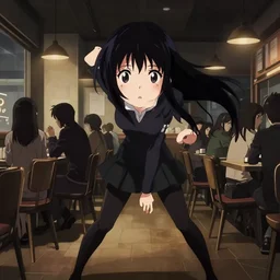 anime frames, anime visual, dark portrait of a young female visiting a busy cafe interior at night, cute face by ilya kuvshinov and, psycho pass, kyoani, studio lighting, dynamic pose, dynamic perspective, strong silhouette, anime cels, rounded eyes, yoshinari yoh, contrasting shadows