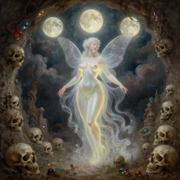 concept art of translucent glowing curvy buxom fairy, renaissance, flowy, melting, round moons, rich clouds, very detailed, volumetric light, mist, fine art, decaying, textured oil over canvas, epic fantasy art, very colorful, ornate intricate scales, walls and floor of cave made of skulls, fractal gems, 8 k, wide angle, high contrast