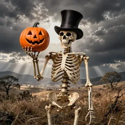a skeleton with a tophat holdind a jack - o - lantern by russ mills