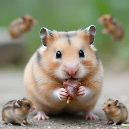 detailed photo of a hamster eating a kebab, outdoors, various poses, full body, unedited, daylight, dof 8 k