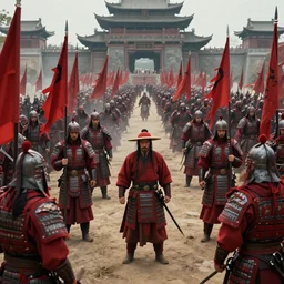 mid shot cinematic artwork of a small group of rag tag warriors surrounded by an ancient Chinese army wearing red armor and holding red flags on the battlefield by greg rutowski, masterpiece, 4k