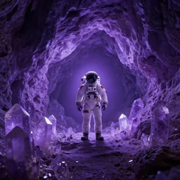 one astronaut on purple [ [ [ crystal ] ] ] caves, beautiful dynamic lighting, cinematic, wide angle establishing shot, extremely high detail, photo realistic, cinematic lighting, post processed, concept art, artstation, matte painting, style by frederic church, raphael lacoste, unreal engine 8 k, roger deakins