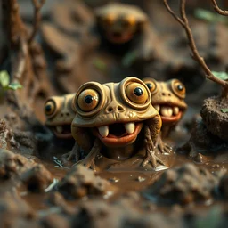 of an intricate murky clay swamp with strange cute friendly laughing creatures with huge eyes, long tongue, square teeth and funny face appearing from the mud, in the style of craola, macro lens, shallow depth of field, highly detailed, digital painting, trending artstation, concept art, illustration, cinematic lighting, vibrant colors, photorealism, epic, octane render