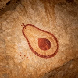 photo of a cave painting petroglyph of an avocado being stolen, parietal art style, cave painting, sepia colors